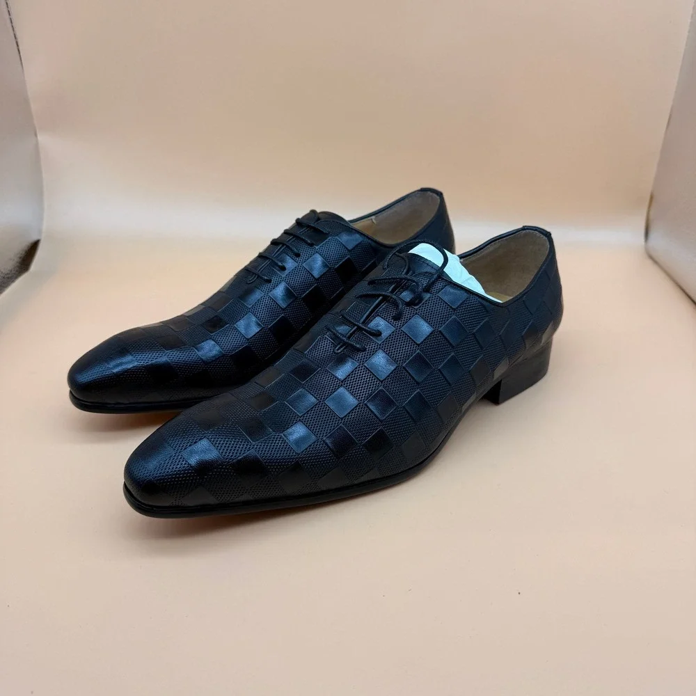 Santimon‎ Men's US 9 Black Leather Plaid Texture Oxfords Lace Up Dress Shoes